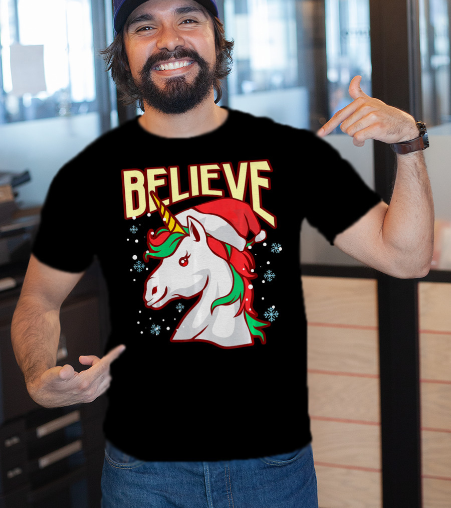 Believe The Unicorn Santa Hat Snowflakes T-Shirt