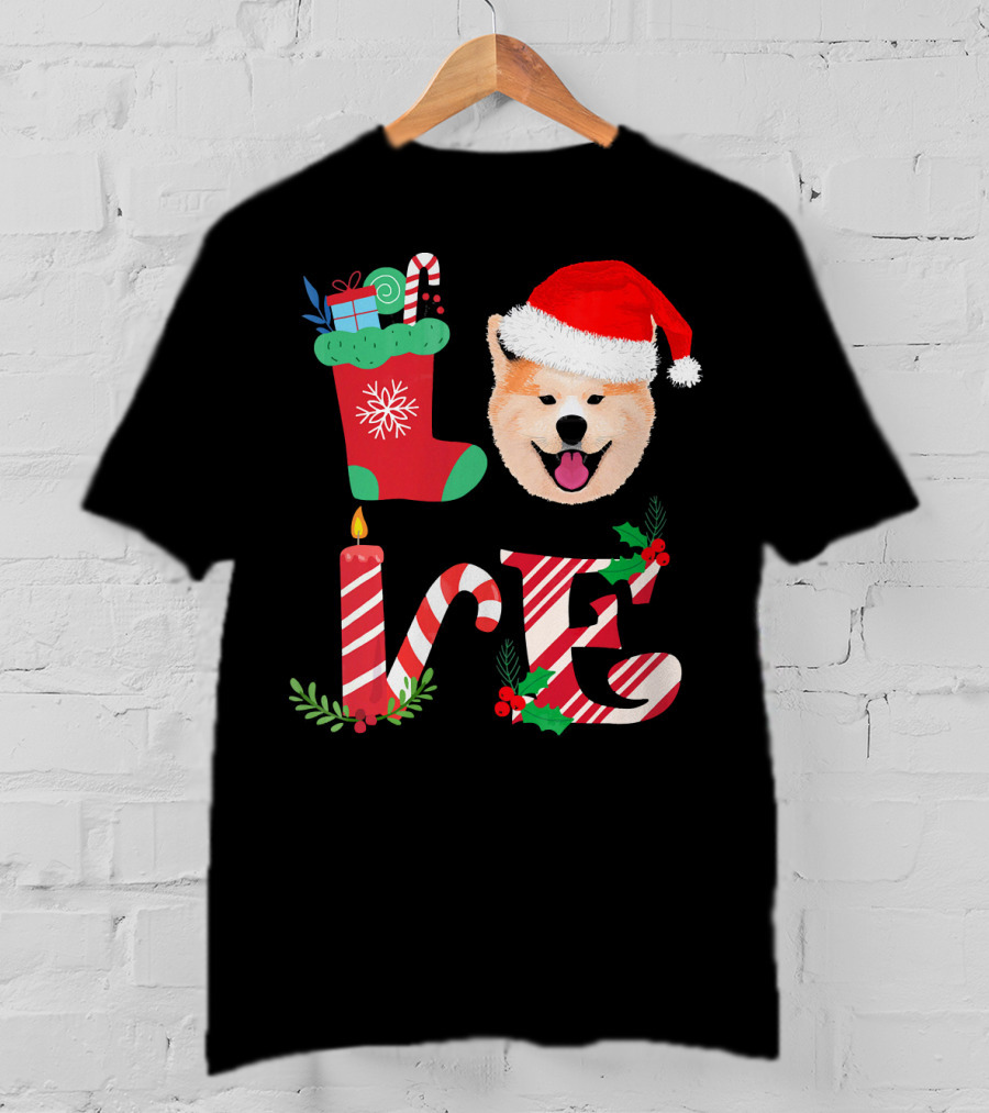 I Love My Akita Christmas Love With Santa Hat And Holiday Decorations T-Shirt
