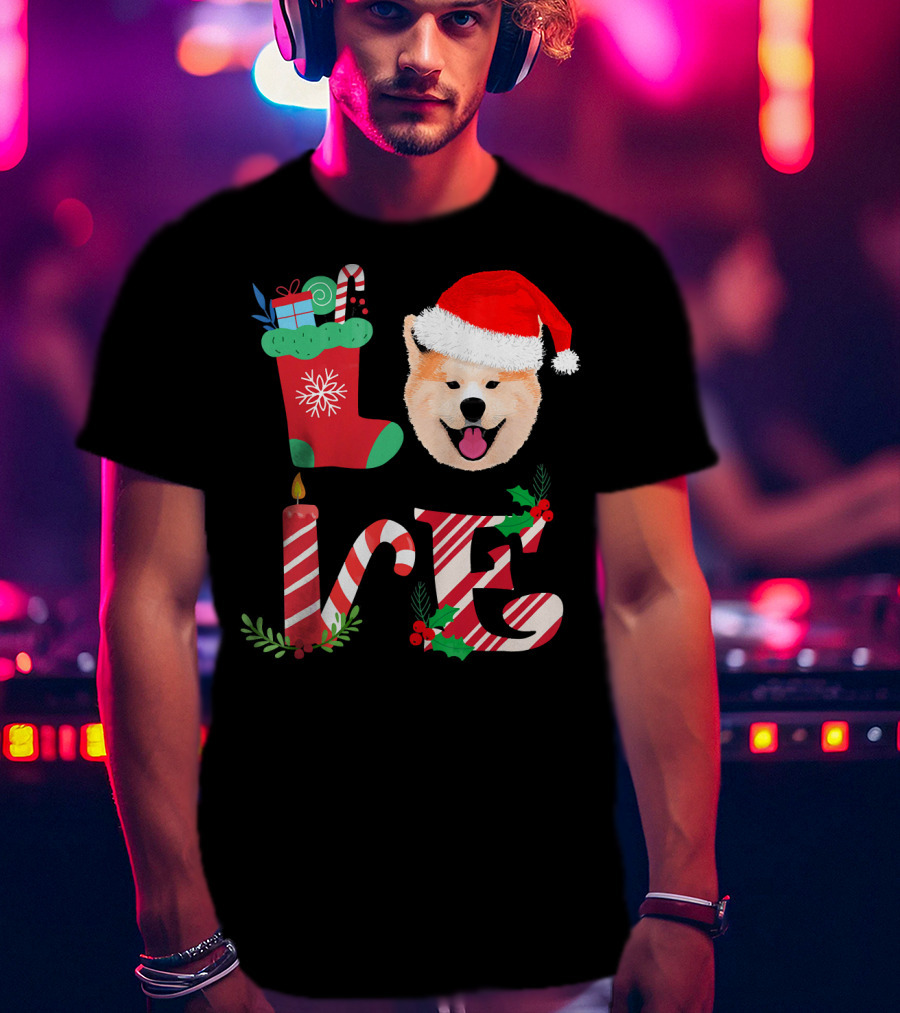 I Love My Akita Christmas Love With Santa Hat And Holiday Decorations T-Shirt