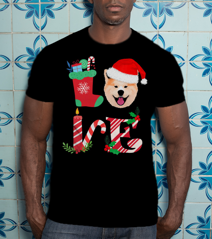 I Love My Akita Christmas Love With Santa Hat And Holiday Decorations T-Shirt