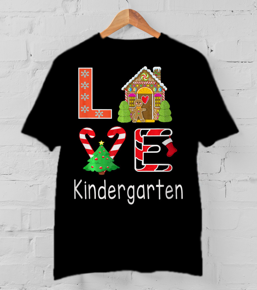 Love Kindergarten Christmas Candy Cane Gingerbread House T-Shirt