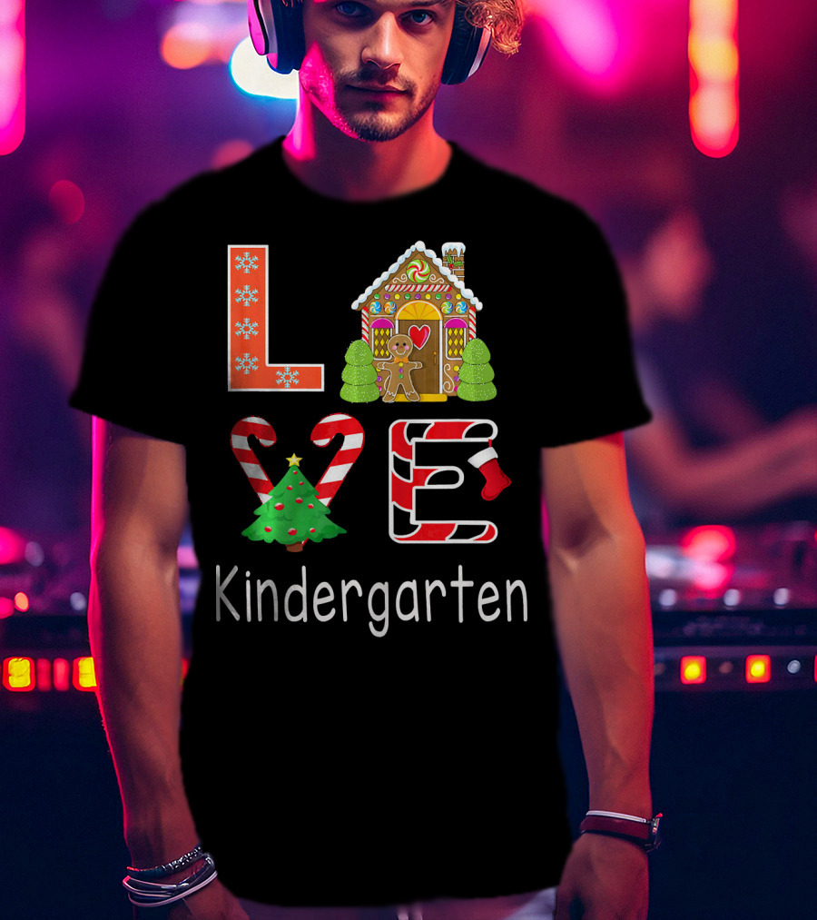 Love Kindergarten Christmas Candy Cane Gingerbread House T-Shirt