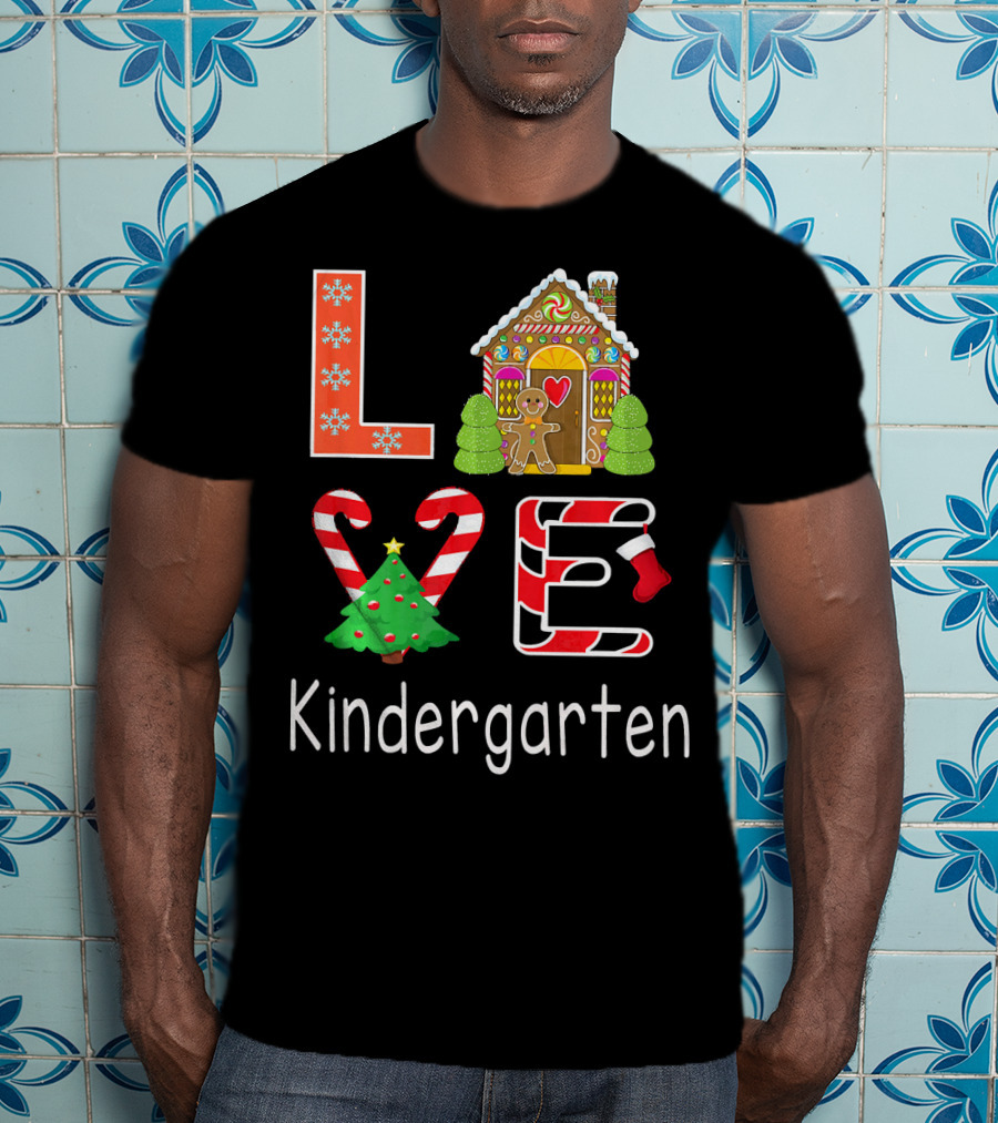 Love Kindergarten Christmas Candy Cane Gingerbread House T-Shirt