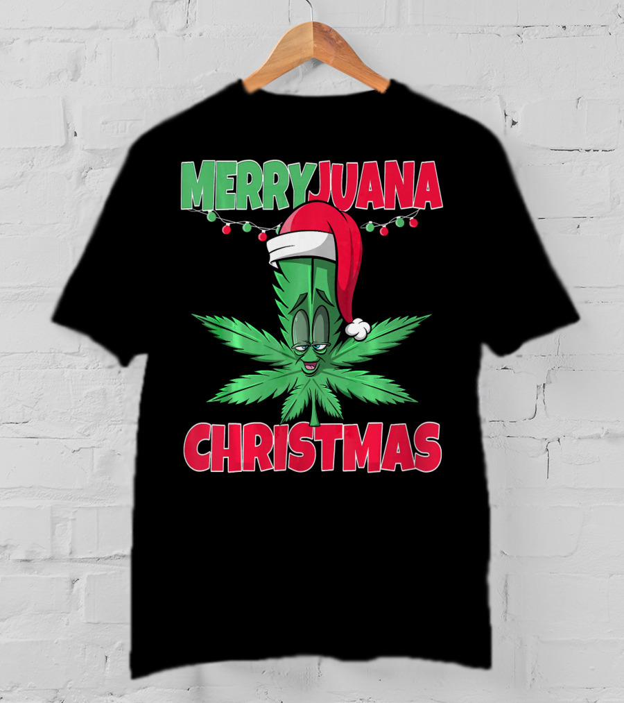 Merryjuana Christmas Funny Santa Hat Marijuana Leaf T-Shirt