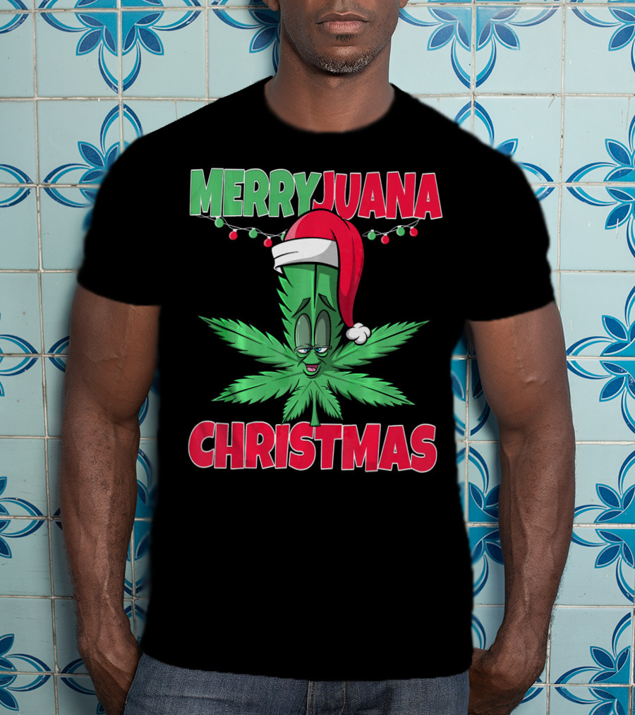 Merryjuana Christmas Funny Santa Hat Marijuana Leaf T-Shirt