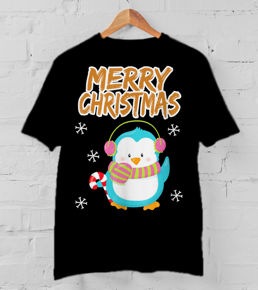 Merry Christmas Penguin With Candy Cane And Snowflakes T-Shirt