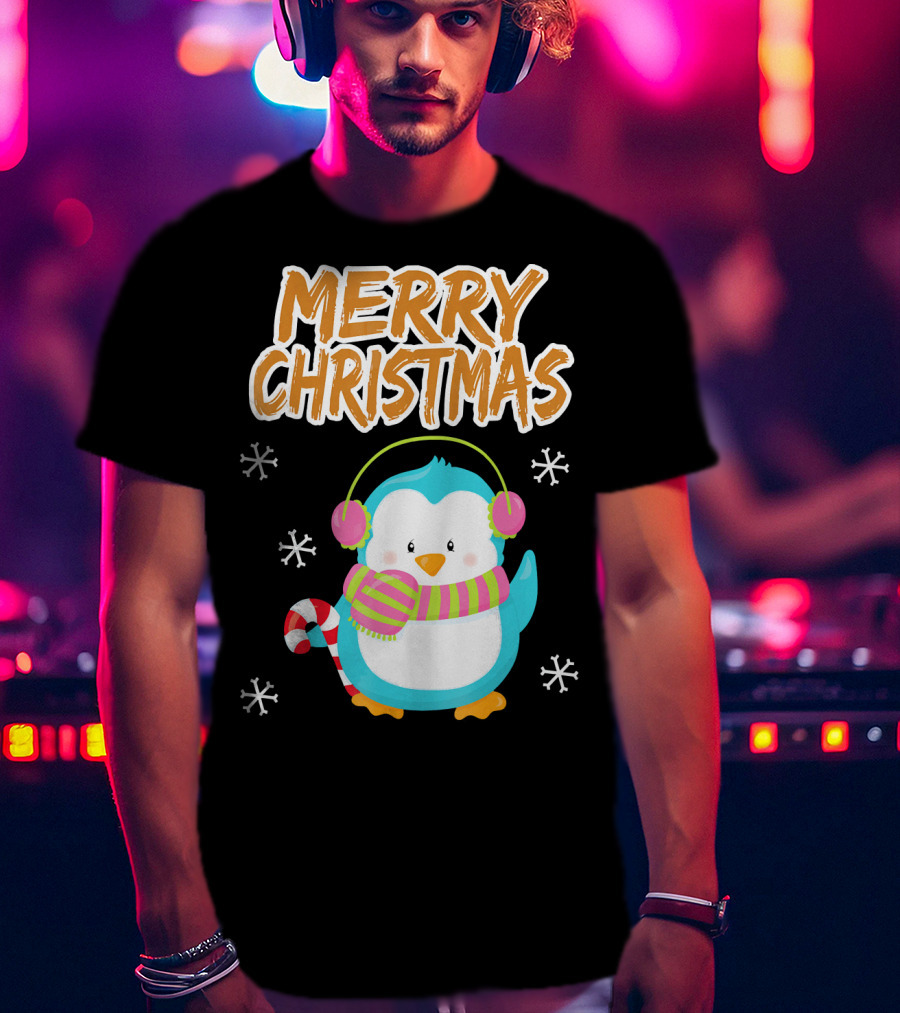 Merry Christmas Penguin With Candy Cane And Snowflakes T-Shirt