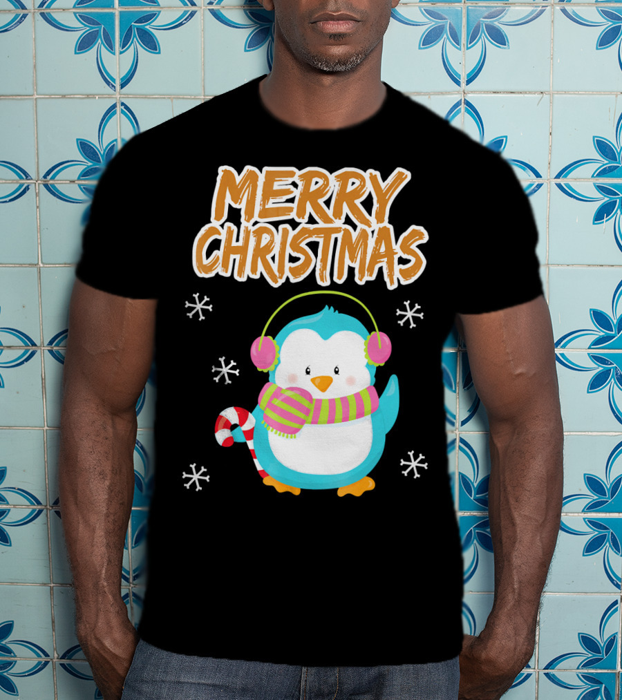 Merry Christmas Penguin With Candy Cane And Snowflakes T-Shirt