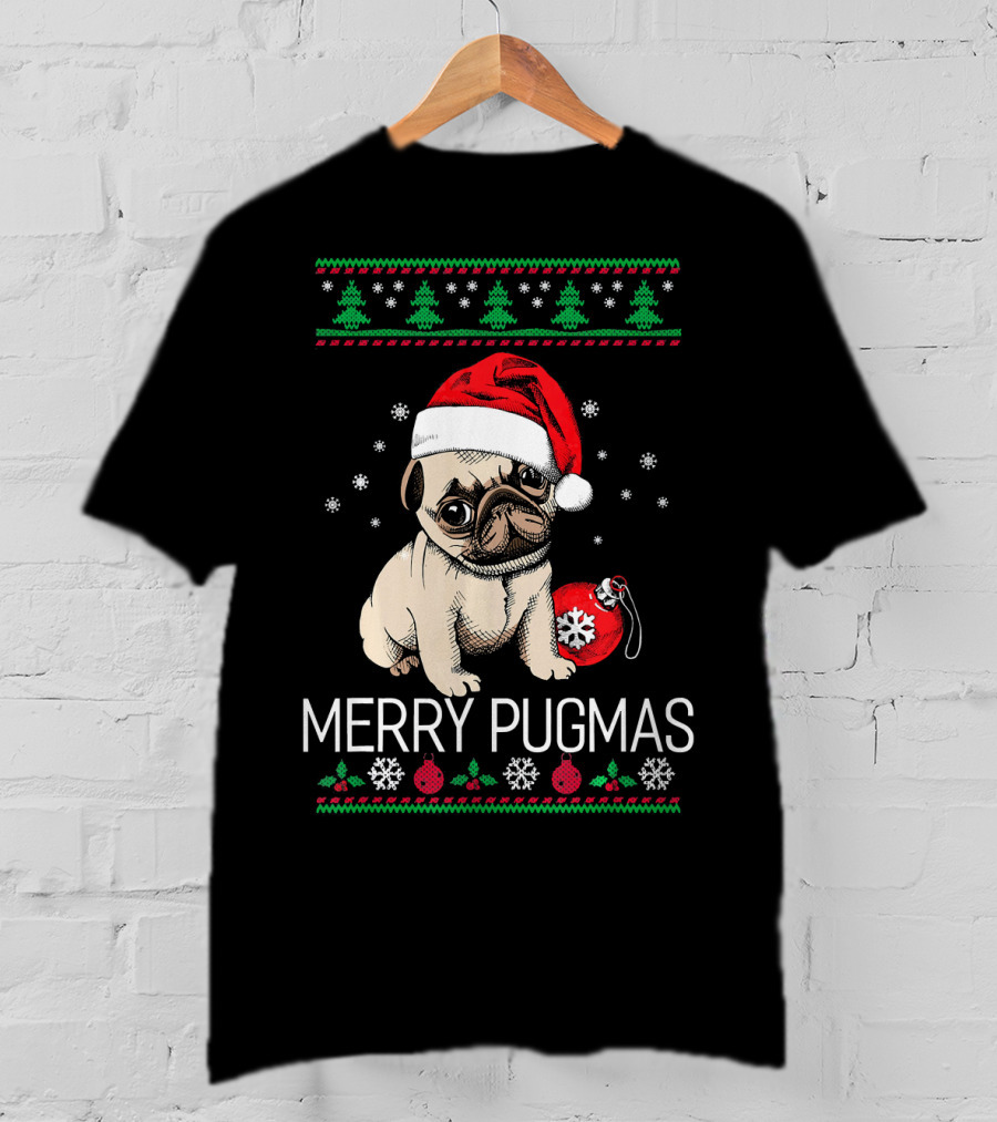 Merry Pugmas Santa Pug With Christmas Trees And Ornaments T-Shirt