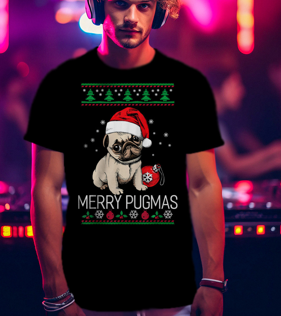 Merry Pugmas Santa Pug With Christmas Trees And Ornaments T-Shirt