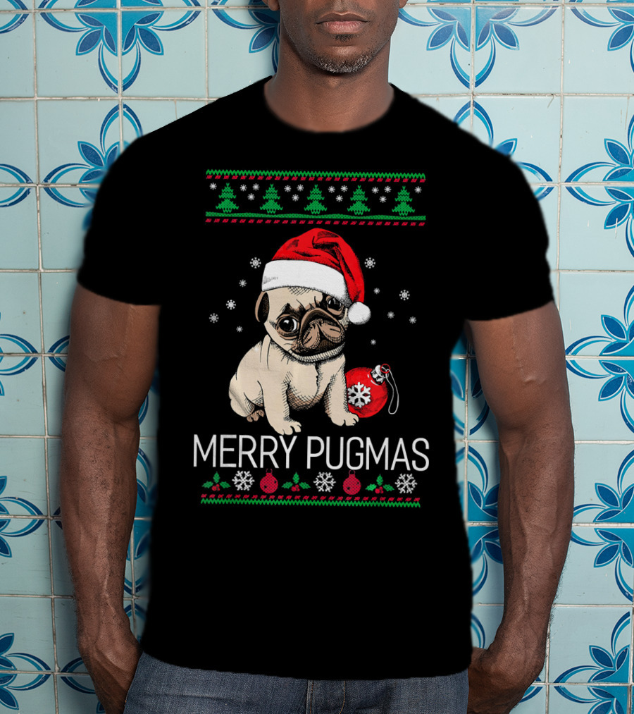 Merry Pugmas Santa Pug With Christmas Trees And Ornaments T-Shirt