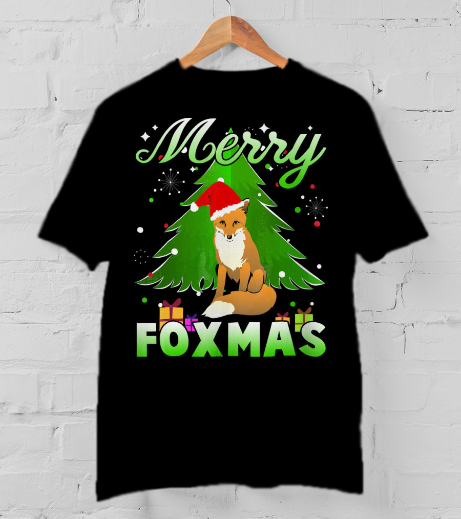 Merry Foxmas Santa Hat Fox And Christmas Tree T-Shirt