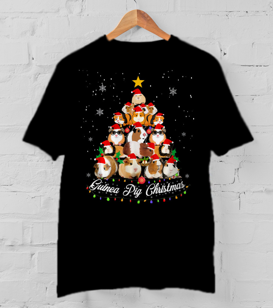 Guinea Pig Christmas Tree With Santa Hats And Snowflakes T-Shirt