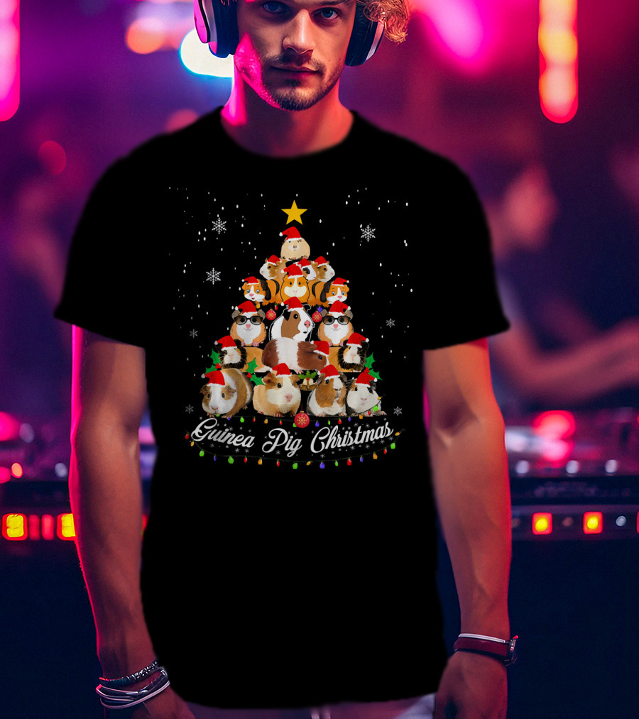 Guinea Pig Christmas Tree With Santa Hats And Snowflakes T-Shirt