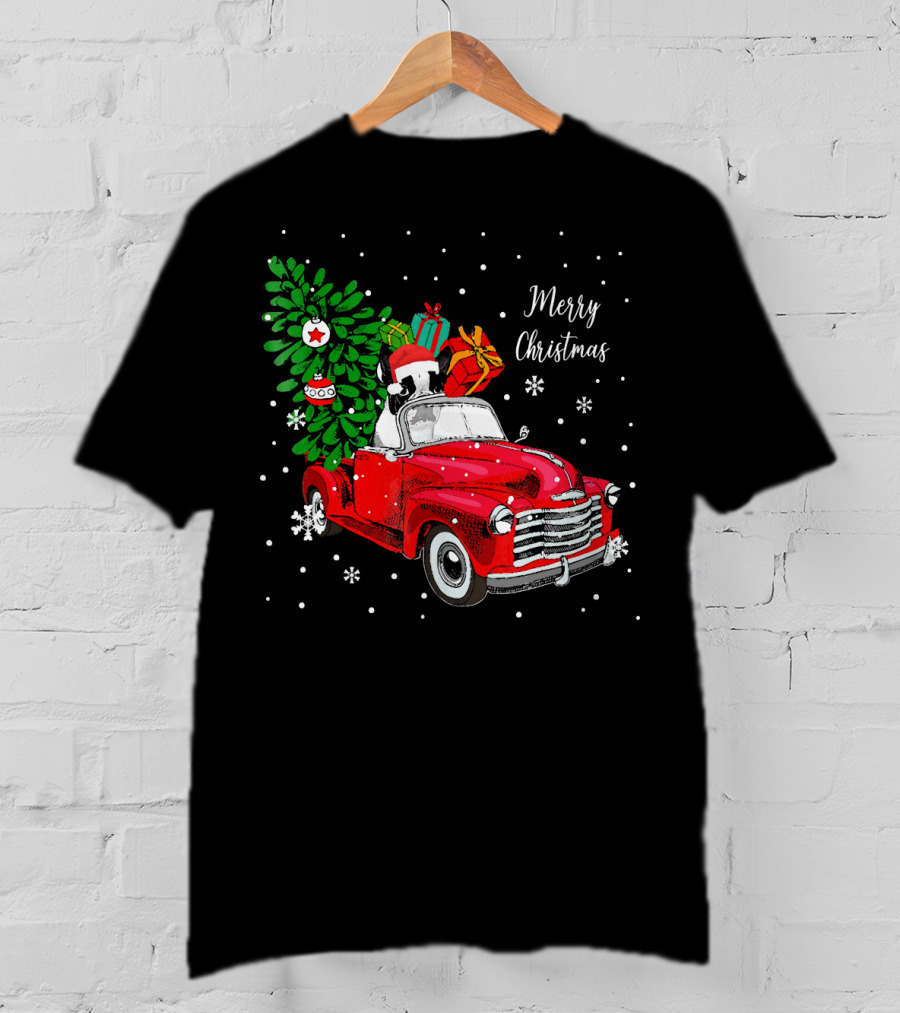 Merry Christmas Santa Boston Terrier Red Truck Snowflakes T-Shirt