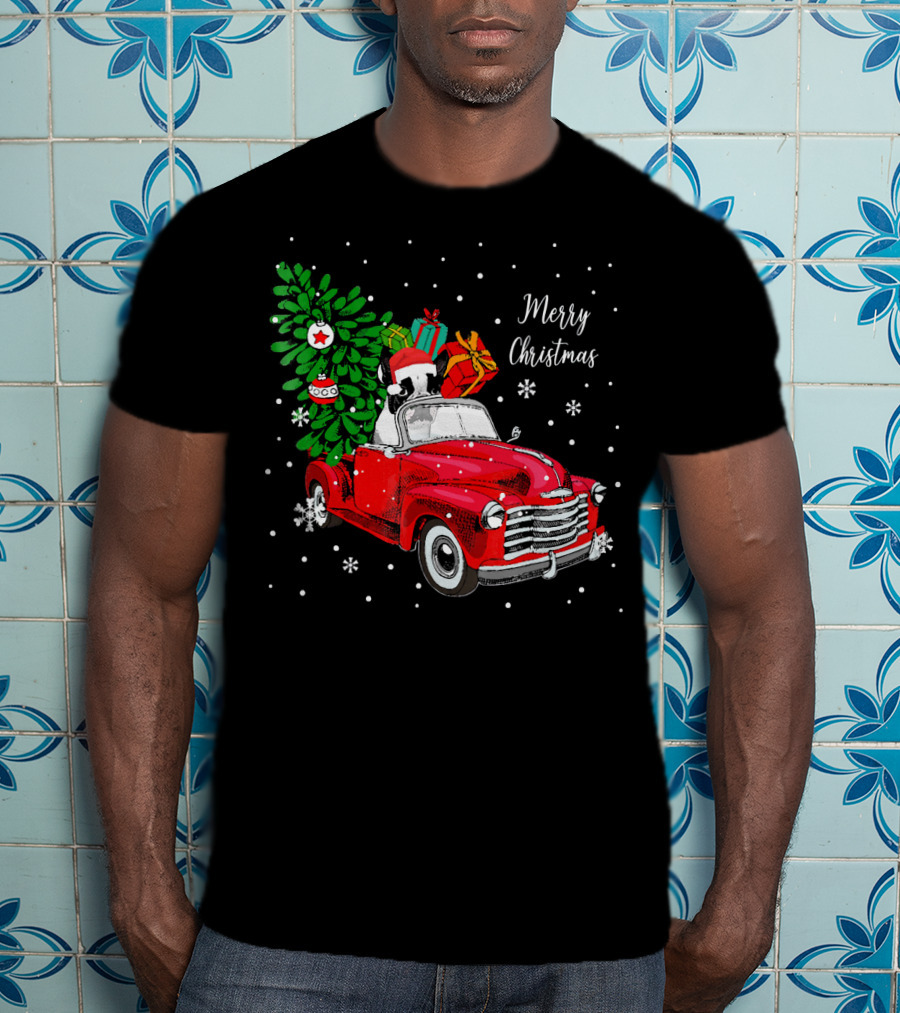 Merry Christmas Santa Boston Terrier Red Truck Snowflakes T-Shirt
