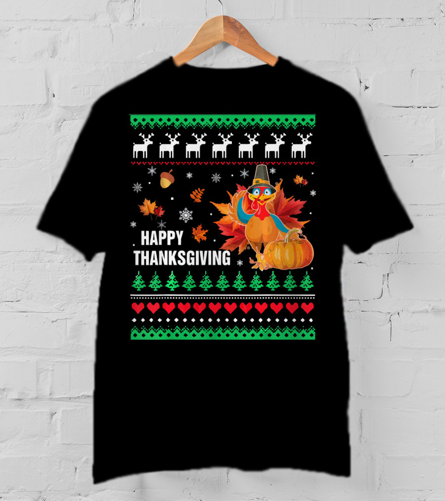 Happy Thanksgiving Turkey Pilgrim Hat Reindeer Snowflakes Pumpkins Leaves T-Shirt