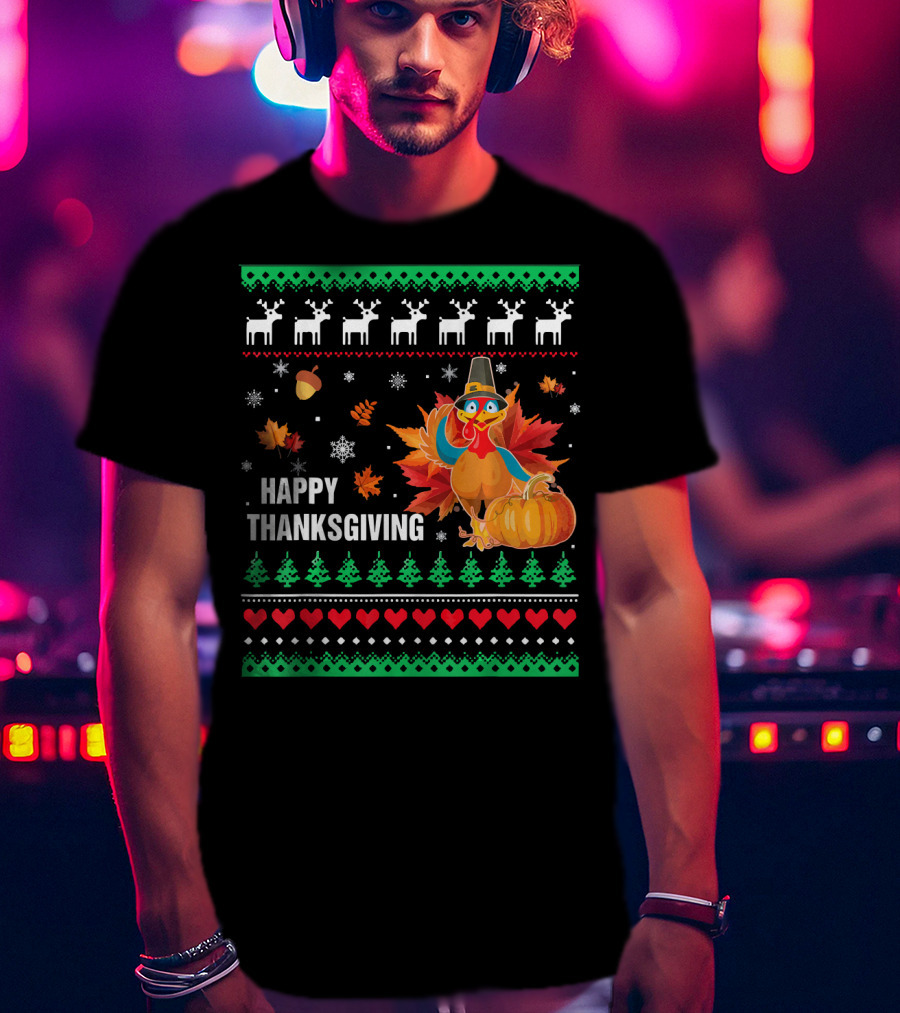 Happy Thanksgiving Turkey Pilgrim Hat Reindeer Snowflakes Pumpkins Leaves T-Shirt