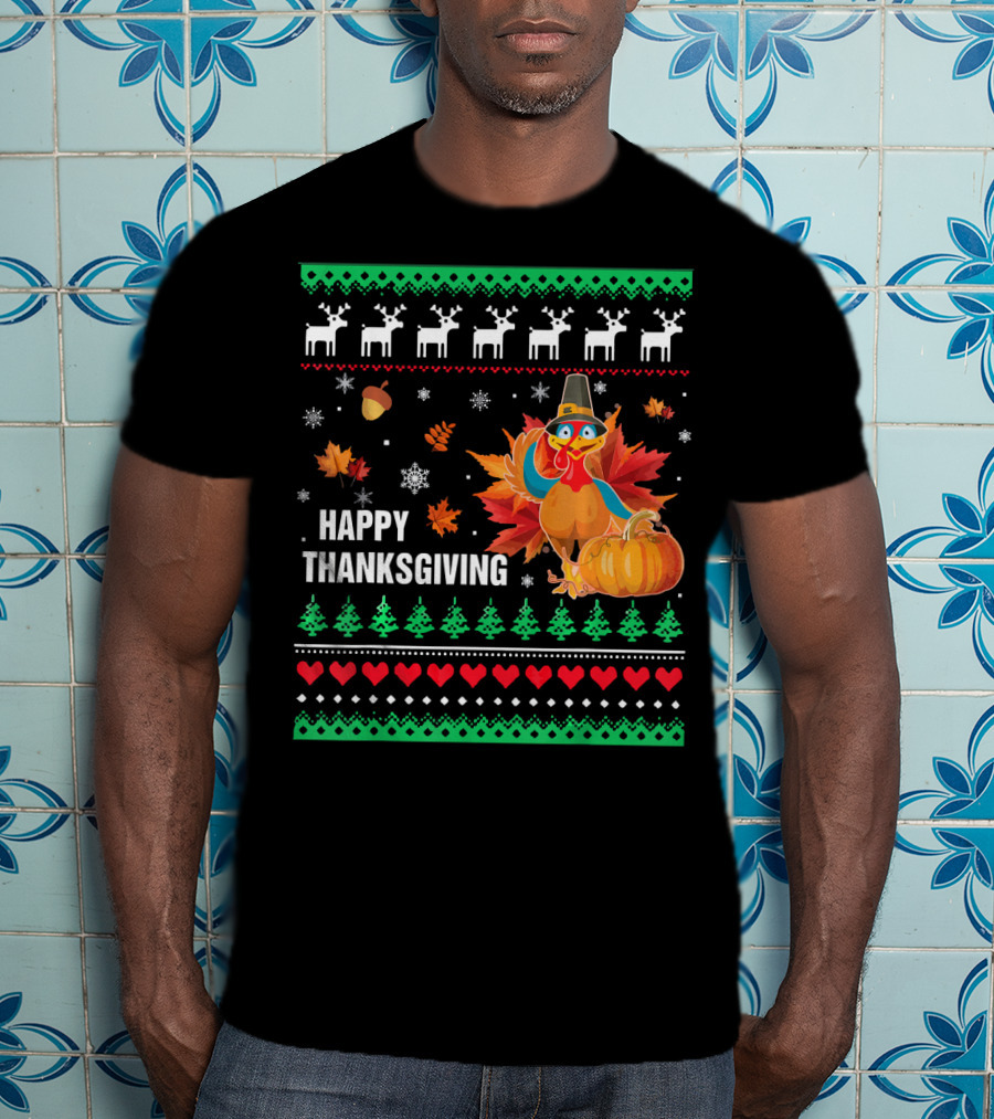 Happy Thanksgiving Turkey Pilgrim Hat Reindeer Snowflakes Pumpkins Leaves T-Shirt
