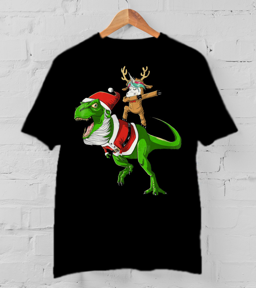 Unicorn Dabbing On Dinosaur Santa With Antlers T-Shirt