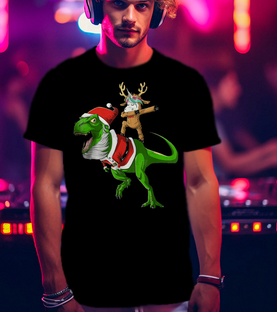 Unicorn Dabbing On Dinosaur Santa With Antlers T-Shirt