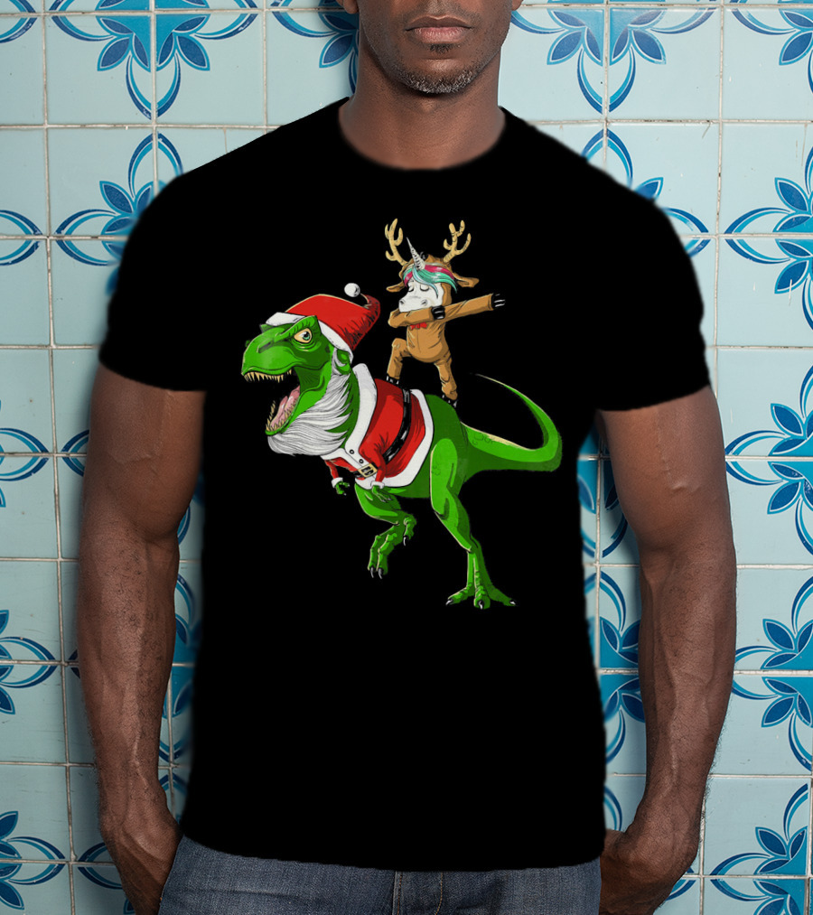 Unicorn Dabbing On Dinosaur Santa With Antlers T-Shirt
