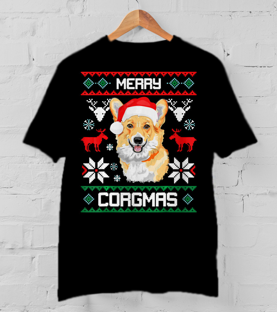 Merry Corgmas Corgi Dog Santa Hat Ugly Christmas T-Shirt