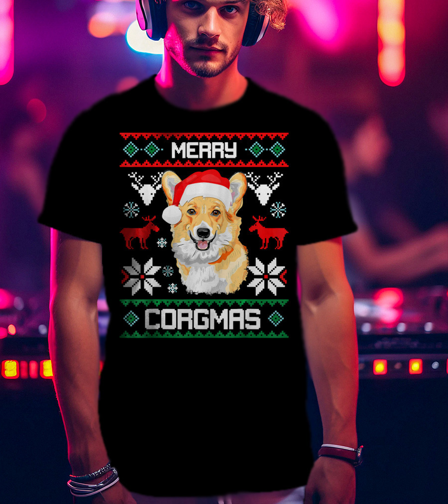 Merry Corgmas Corgi Dog Santa Hat Ugly Christmas T-Shirt