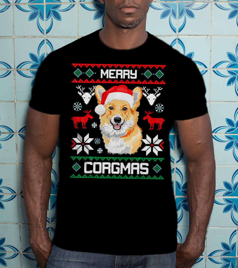 Merry Corgmas Corgi Dog Santa Hat Ugly Christmas T-Shirt