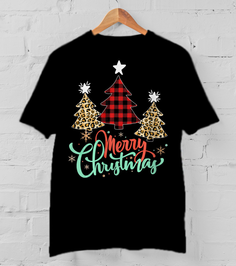 Merry Christmas Leopard Plaid Tree T-Shirt