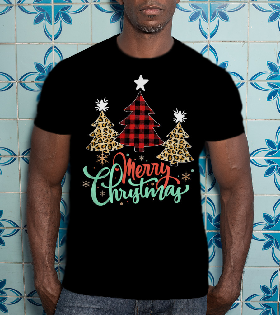 Merry Christmas Leopard Plaid Tree T-Shirt