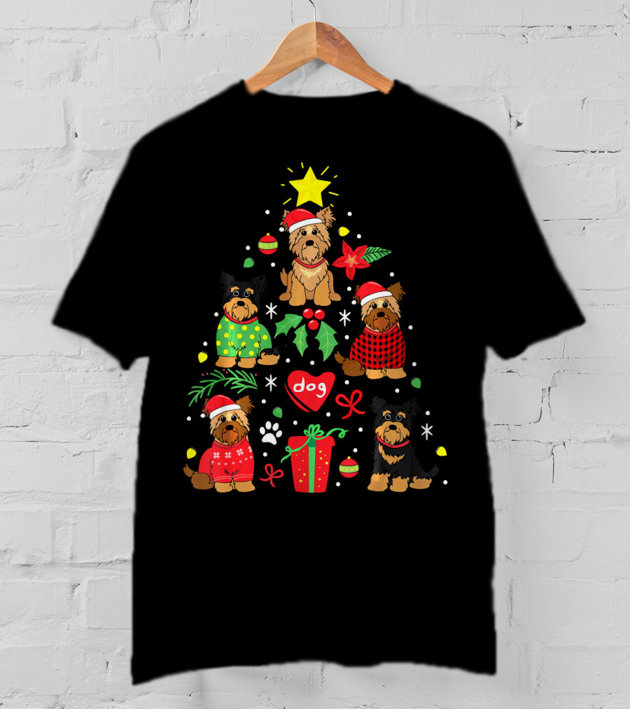 Yorkipoo Dog In Santa And Christmas Sweaters With Ornaments And Gifts T-Shirt