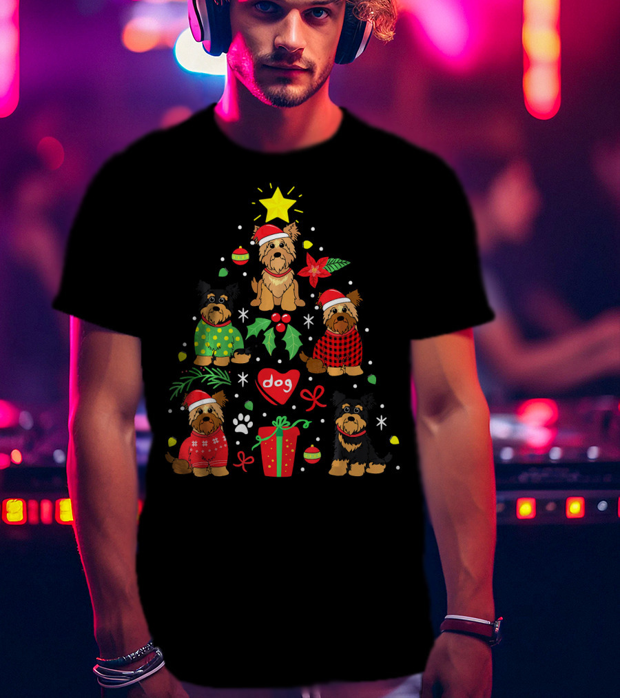 Yorkipoo Dog In Santa And Christmas Sweaters With Ornaments And Gifts T-Shirt