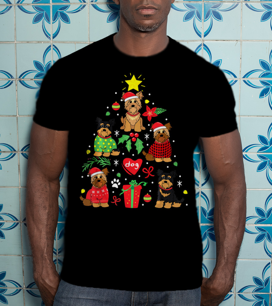 Yorkipoo Dog In Santa And Christmas Sweaters With Ornaments And Gifts T-Shirt