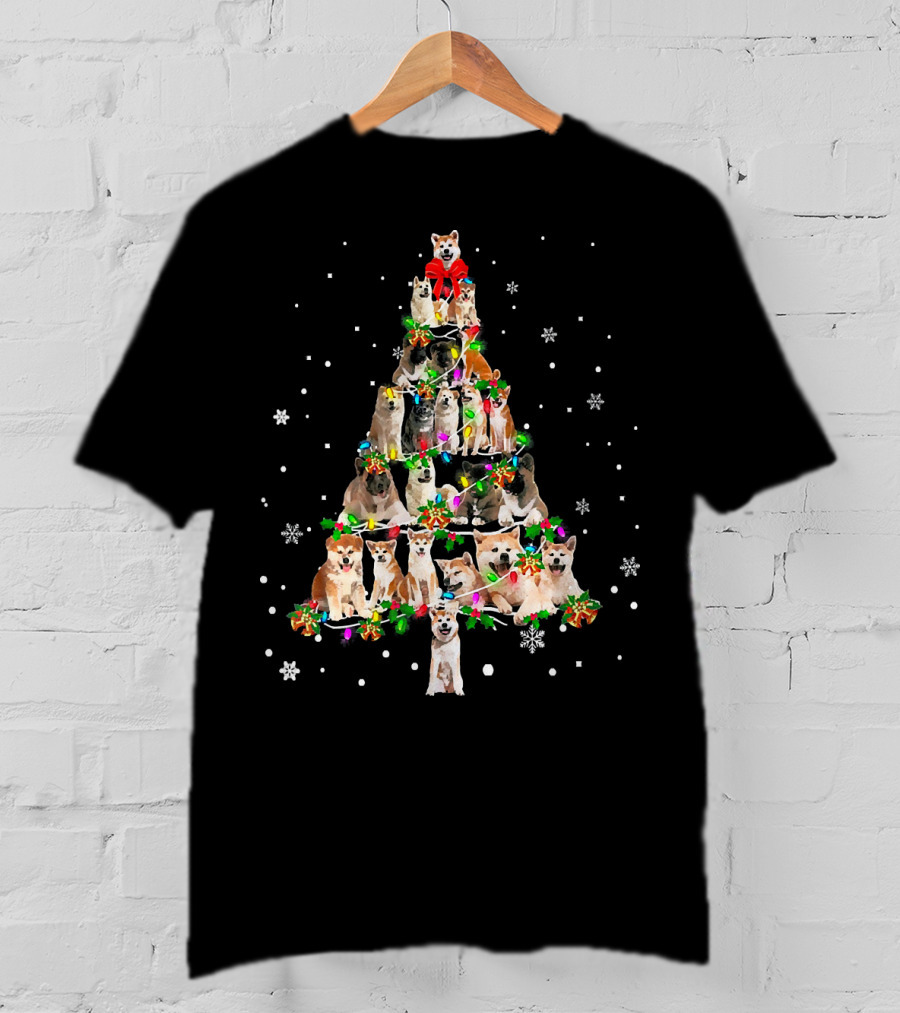 Cute Akita Dog Christmas Tree Decor With Snowflakes And Festive Lights T-Shirt