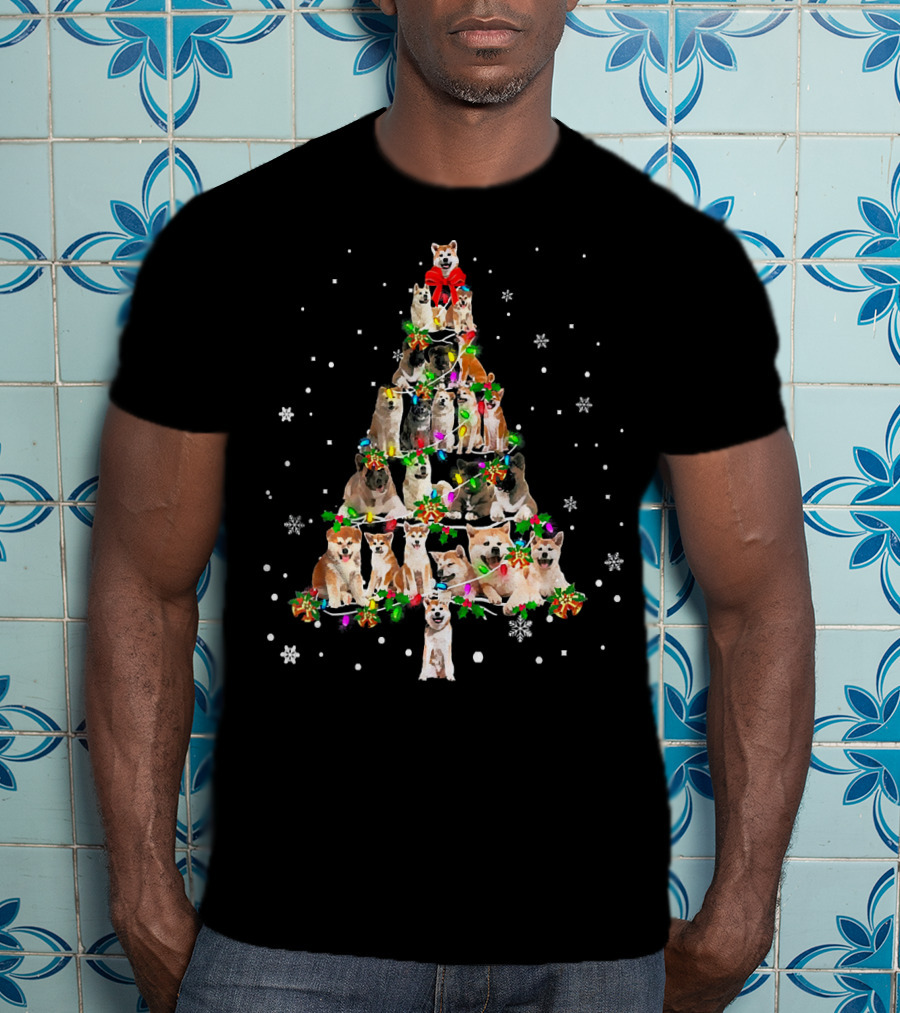 Cute Akita Dog Christmas Tree Decor With Snowflakes And Festive Lights T-Shirt