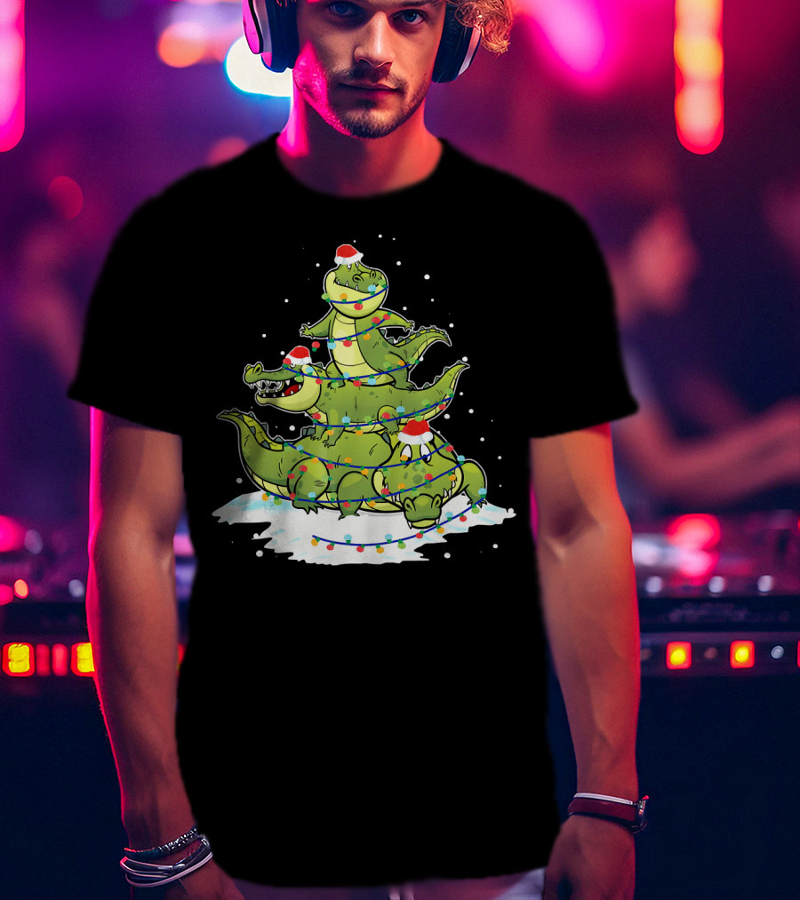 Alligator Santa Christmas Light Tree Festive Holiday Scene T-Shirt