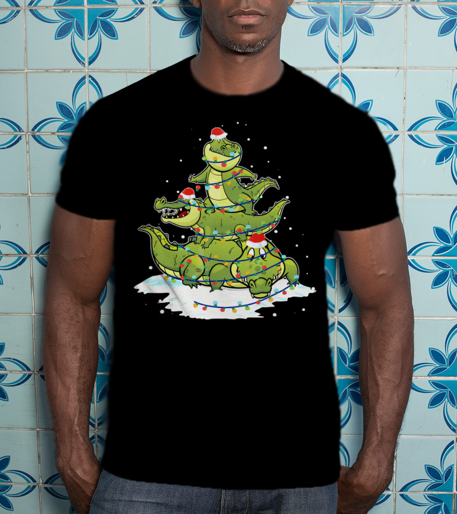 Alligator Santa Christmas Light Tree Festive Holiday Scene T-Shirt