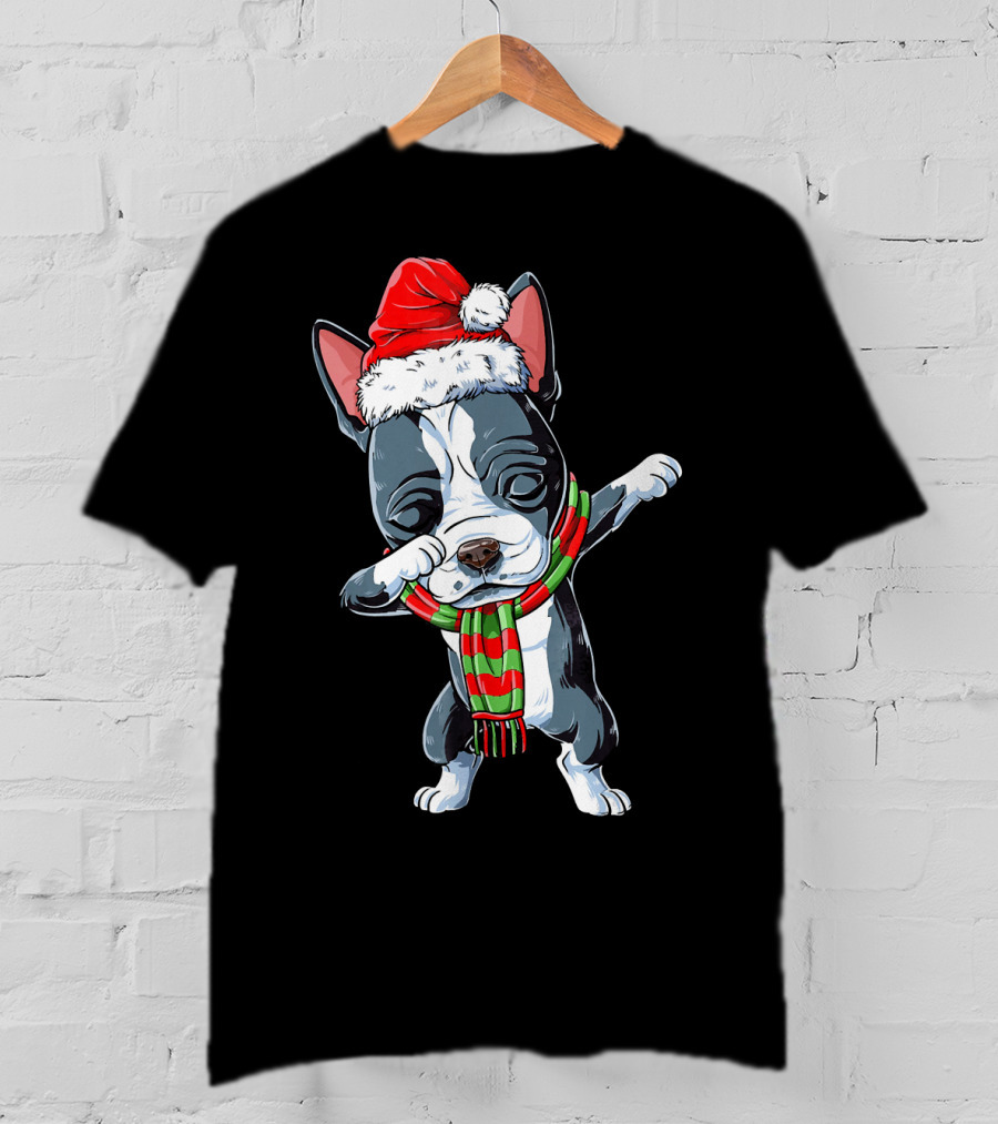 Dabbing Boston Terrier Santa Christmas Scarf Festive Dog T-Shirt
