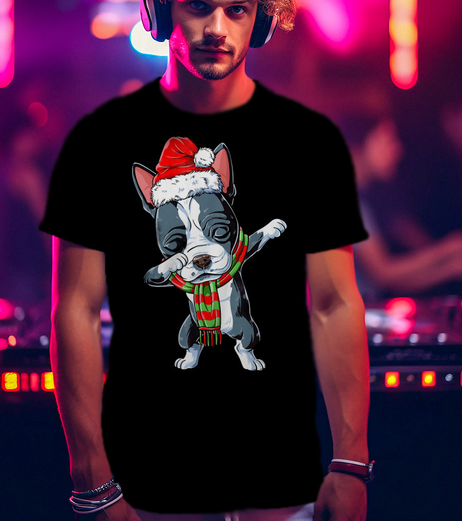 Dabbing Boston Terrier Santa Christmas Scarf Festive Dog T-Shirt