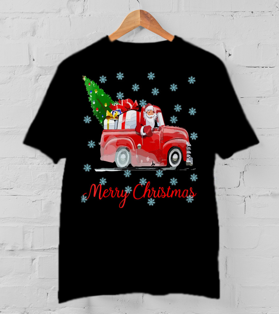 Merry Christmas Tree Santa Vintage Car With Presents And Snowflakes T-Shirt
