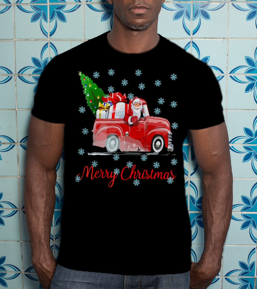 Merry Christmas Tree Santa Vintage Car With Presents And Snowflakes T-Shirt