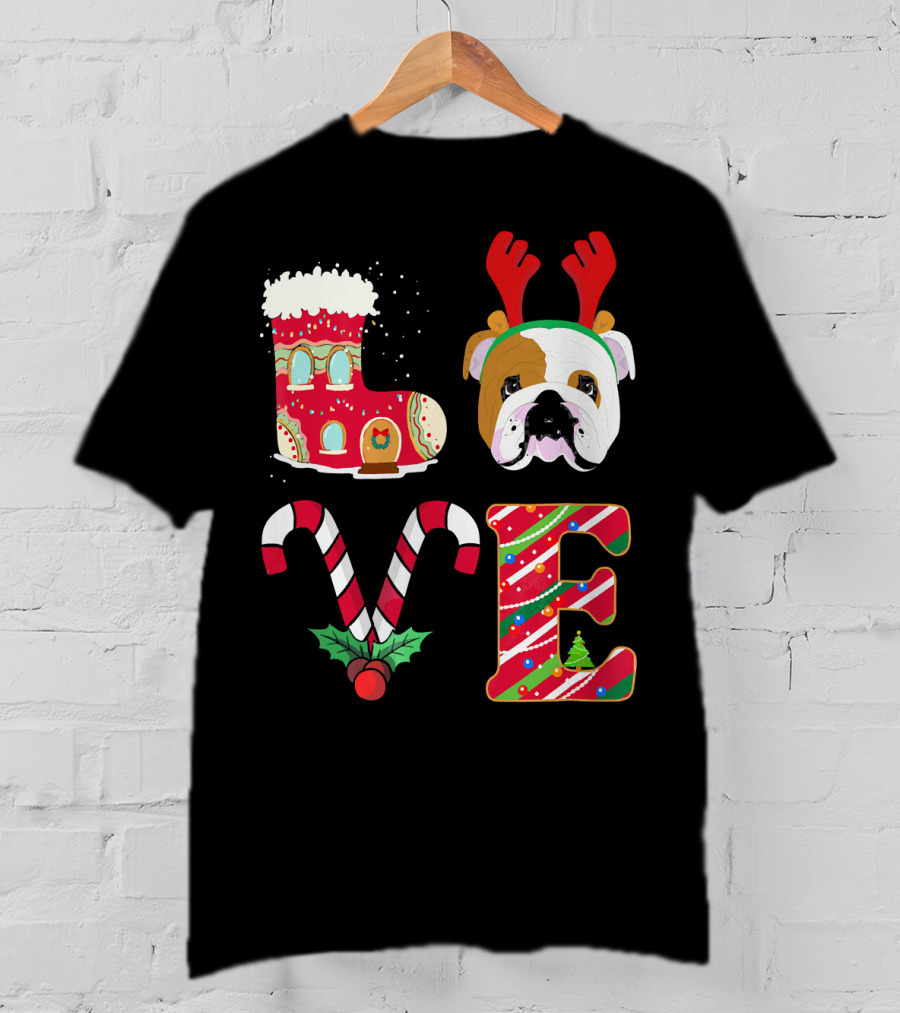 Love My English Bulldog Christmas Holiday Antlers Candy Cane T-Shirt