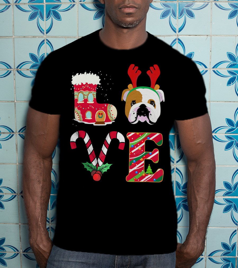 Love My English Bulldog Christmas Holiday Antlers Candy Cane T-Shirt