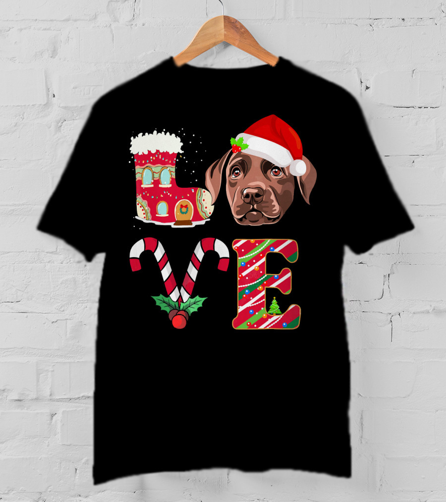 I Love My Chocolate Labrador Christmas Theme With Santa Hat And Candy Cane Decorations T-Shirt