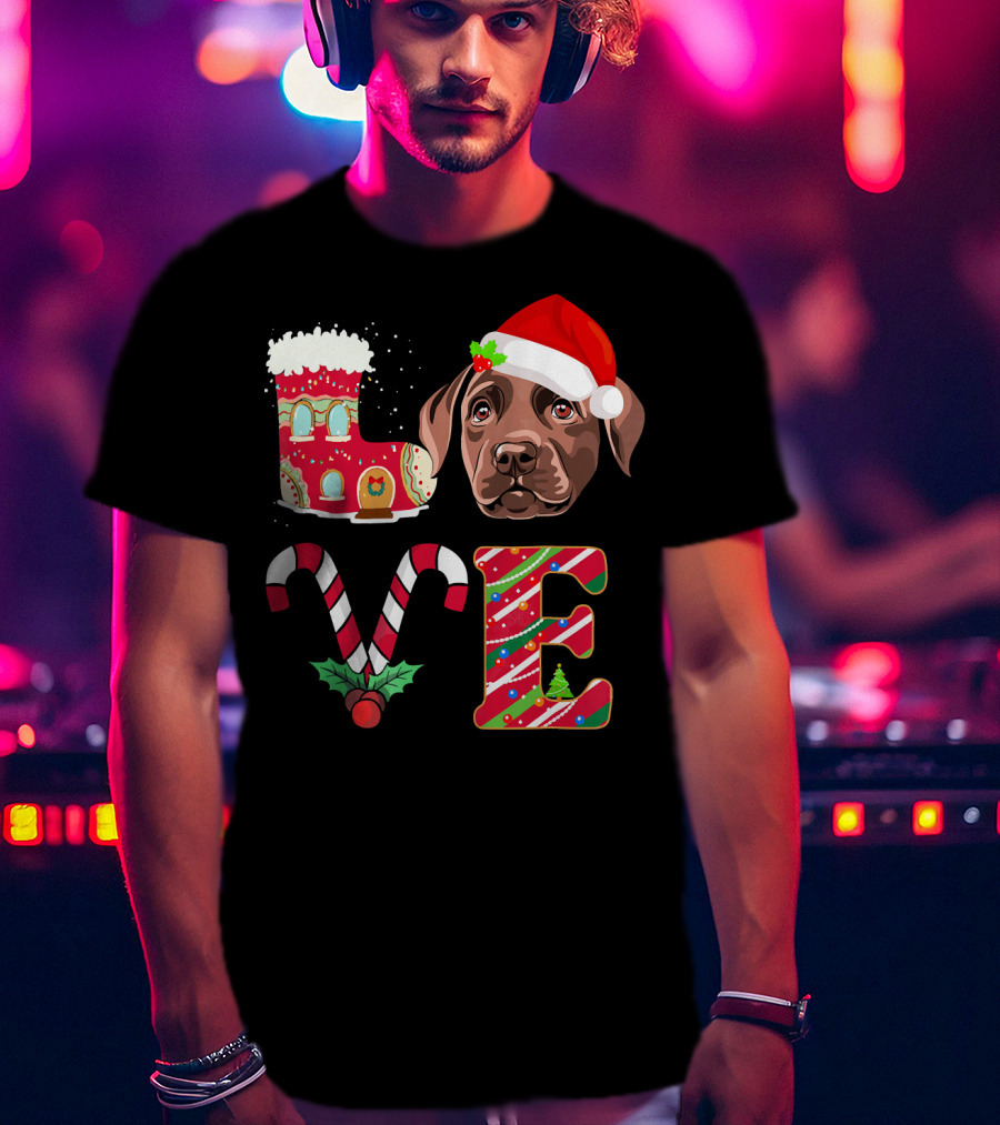 I Love My Chocolate Labrador Christmas Theme With Santa Hat And Candy Cane Decorations T-Shirt