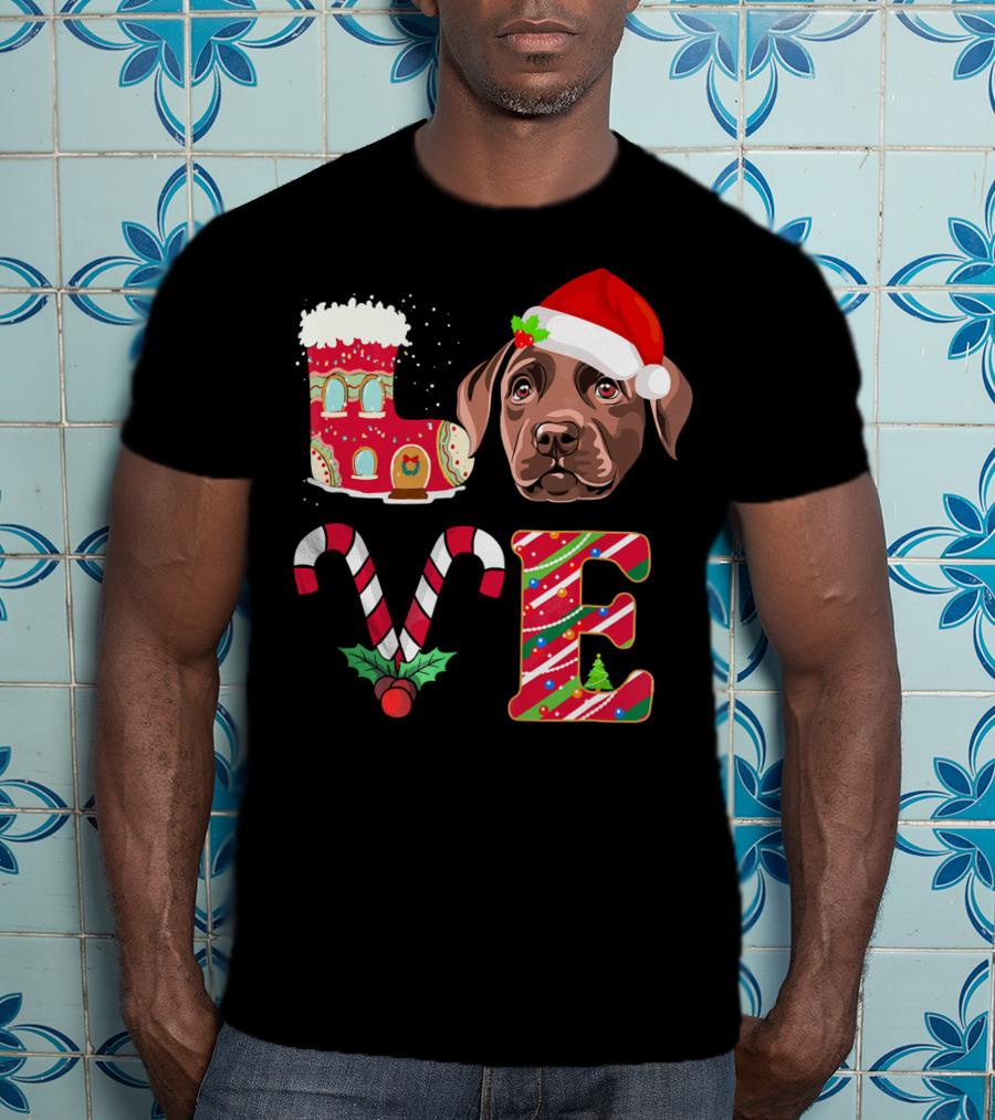I Love My Chocolate Labrador Christmas Theme With Santa Hat And Candy Cane Decorations T-Shirt