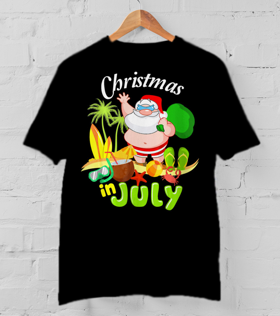 Christmas In July Santa With Surfboards, Palm Trees, Tropical Drinks, And Beach Accessories T-Shirt
