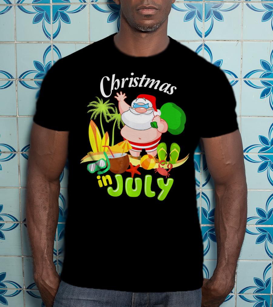 Christmas In July Santa With Surfboards, Palm Trees, Tropical Drinks, And Beach Accessories T-Shirt