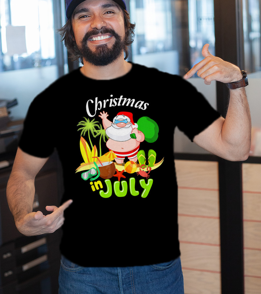 Christmas In July Santa With Surfboards, Palm Trees, Tropical Drinks, And Beach Accessories T-Shirt